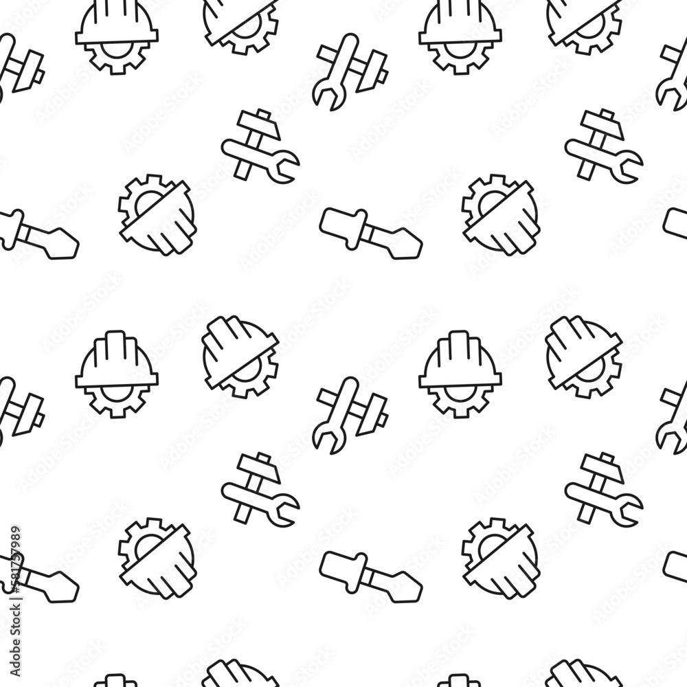 Monochrome vector seamless pattern of hammer, wrench, gear, builder hat for web sites and polygraphy