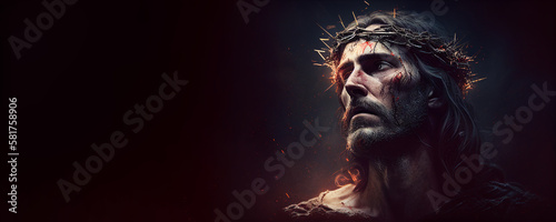Jesus Christ, Savior of mankind. Banner 5:2. 14443x5777. Generative AI