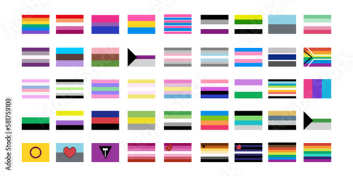 LGBT flags big set in flat style. Pride symbols. Rainbow elements. Vector illustration isolated on white background.