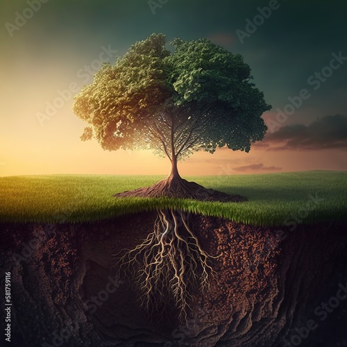 Fototapeta Picture of trees sprouting seedlings on Earth Day. tree on a green field in nature conservation of forests. green energy, love of nature, Earth Day, and sustainability concepts, Generative AI