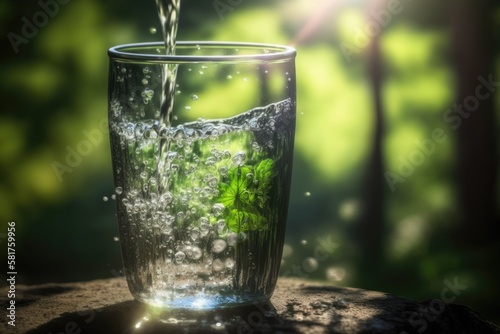 Drinking water flowing into a glass against a natural green background with sunlight. Splash of water on glass Choose a background with fuzzy focus. Generative AI