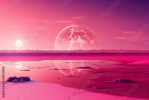 Sunset or sunrise in ocean, nature landscape background, r illustration. Generative Ai