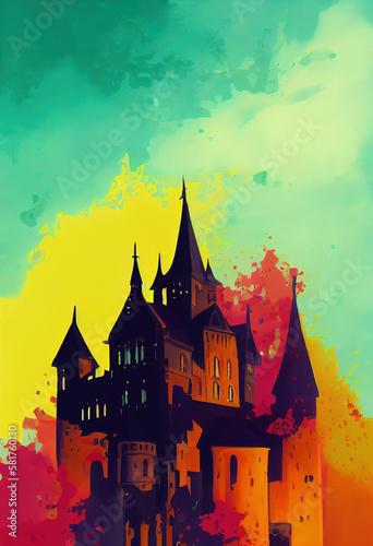 Rainbow medieval castle. Abstract multicolored ancient castle. AI-generated