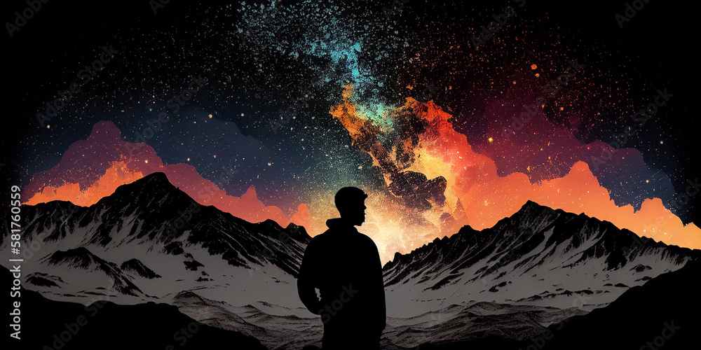 Human silhouette looking to horizon mountainscape. AI genrated illustration Human silhouette looking to horizon mountainscape. AI genrated illustration
