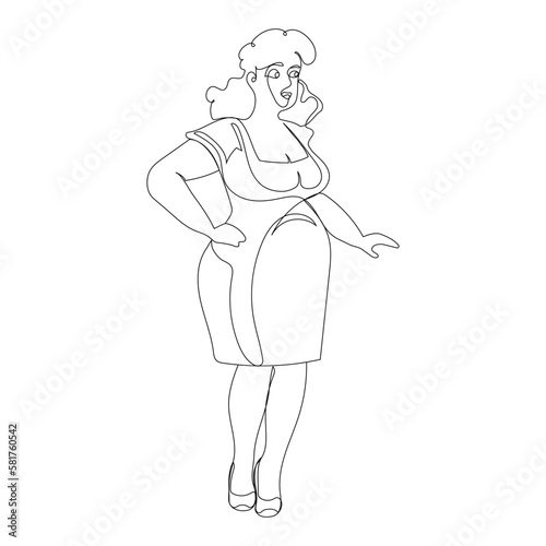 Full length woman on a white background in one line style. Curvy girl in a dress and heels with hand on waist.
