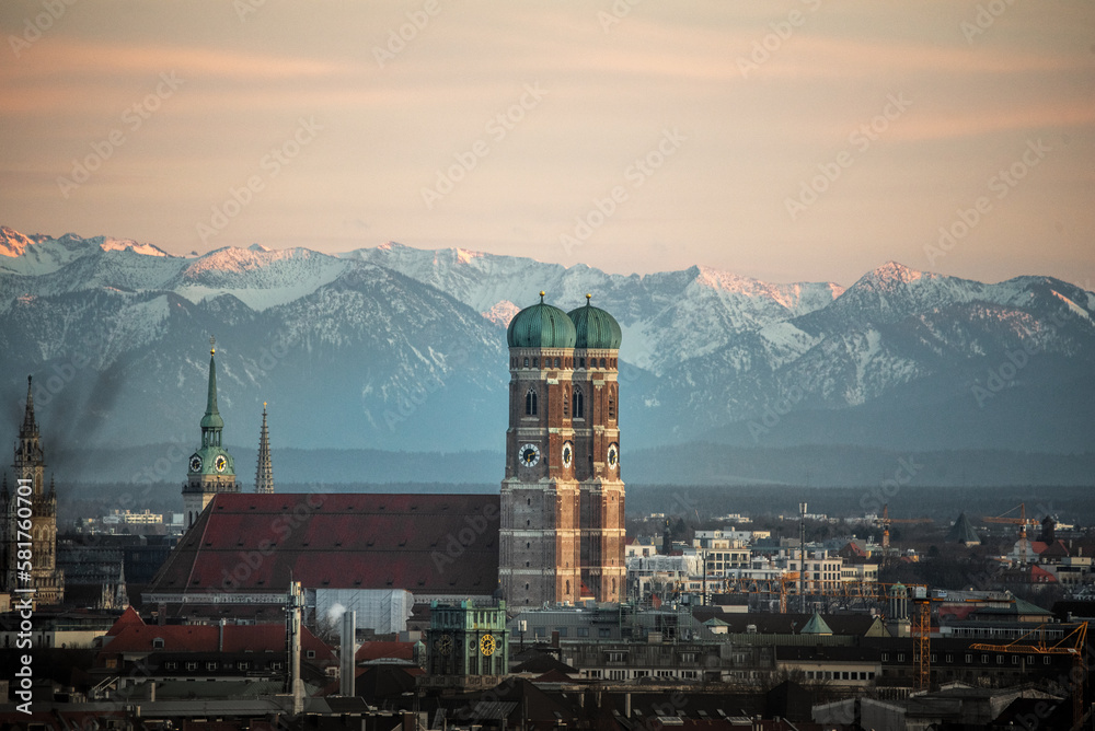 aerial photo of the sunset in munich showing the frauenkirche, golden hour, skyline - obrazy, fototapety, plakaty 