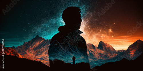 Human silhouette looking to horizon mountainscape. AI genrated illustration