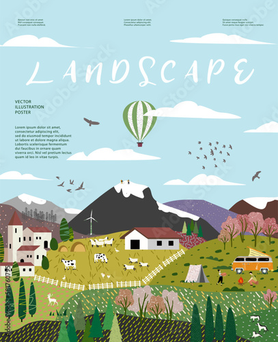 Beautiful countryside, nature and landscape. Vector illustration of mountains, trees, plants, fields and farms. Editable work for cover or card designs.