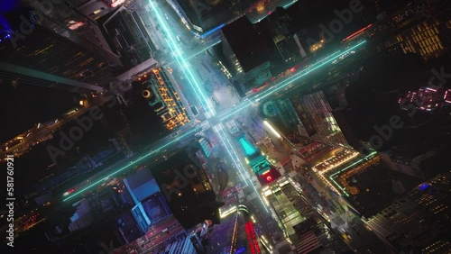 High angle view of night streets of Manhattan, New York, USA. Visualisation of streets. Artificial intelligence and visual graphic effects