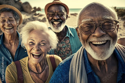 Fun in the sun: multiethnic senior enjoying beach vacations. Generative AI illustration.