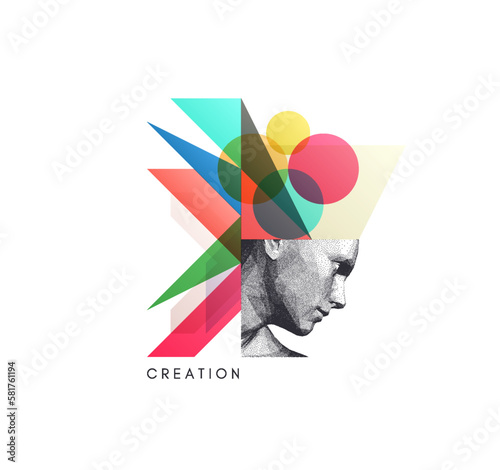 Art composition. Abstract transparency geometrical background. Digital human head constructing from cubes. Cover design template for presentation, banner, flyer, poster or brochure. 3D vector.