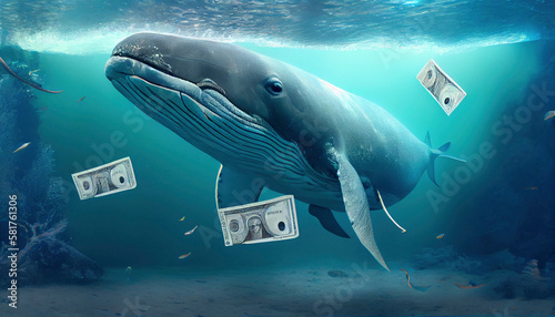 A big whale swims underwater among the money. Generative AI.