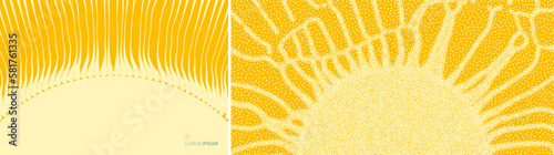 Yellow sun in dotwork style. Solar or starlight emission. Backdrop with explosion. Cover design template. Vector for card, brochure, poster, presentation or banner.