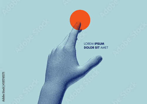 The hand presses the index finger on the button a virtual interface.  Technologies of the future. Connection structure. 3D vector illustration for science, technology or education.