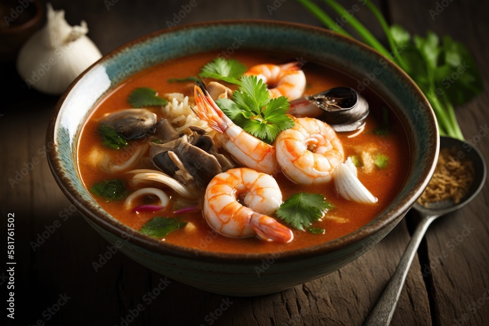 Popular Thai food includes Tom Yum Goong, a hot and sour soup with prawns. Generative AI Popular Thai food includes Tom Yum Goong, a hot and sour soup with prawns. Generative AI