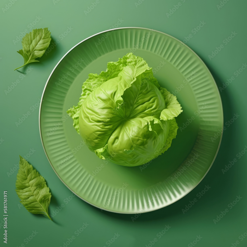 Green plate on a green background with green lettuce. View from above. AI generated. Green plate on a green background with green lettuce. View from above. AI generated.