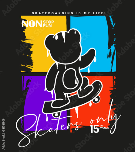 Teddy bear skateboarding on colorful background. Vector illustration for t-shirt prints, posters and other uses
