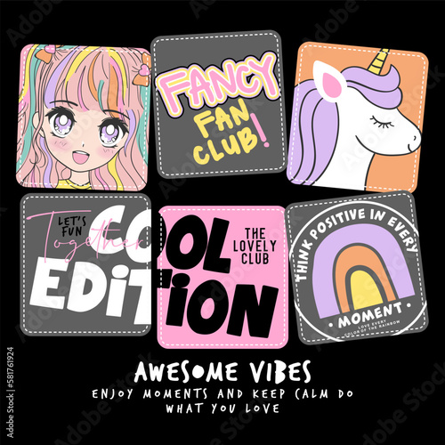 Cute illustrations and slogans filled to squares.Vector illustration design for cute graphic, t shirt print.