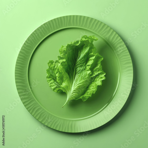 Green plate on a green background with green lettuce. View from above. AI generated.