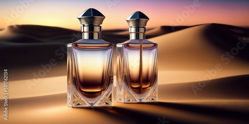 Warm and sensual fragrance perfume bottles. Art composition still life. Stylish parfumerie banner. Generative AI. photo