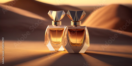 Warm and sensual fragrance perfume bottles. Art composition still life. Stylish parfumerie banner. Generative AI.