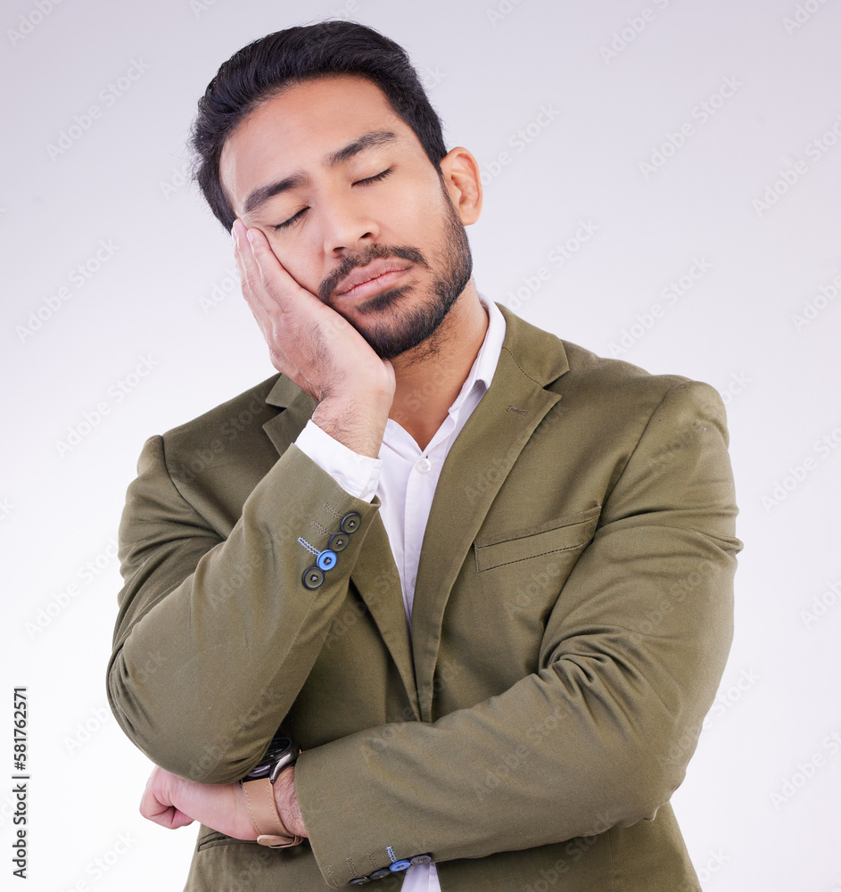 Tired, bored and Asian man sleeping for rest isolated on a white background in a studio. Dream, young and a Japanese businessman with fatigue, exhausted and sleep for stress relief on a backdrop Tired, bored and Asian man sleeping for rest isolated on a white background in a studio. Dream, young and a Japanese businessman with fatigue, exhausted and sleep for stress relief on a backdrop
