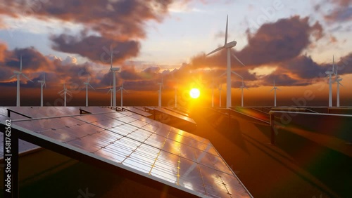 Fluffy clouds at sunset over solar panel field