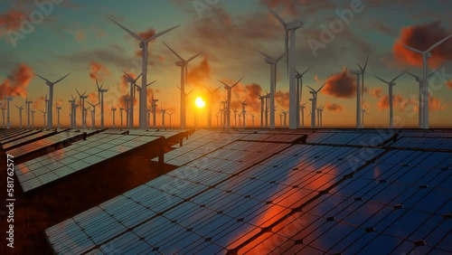 Green power generated by wind turbines and solar panels