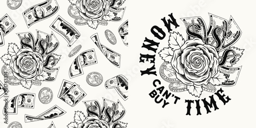 Set with pattern, label with cash money, rose made of 100 US dollar bills, coins, dollar sign, text. Monochrome illustration in vintage style for prints, clothing, tattoo, surface design on white © OA_Creation