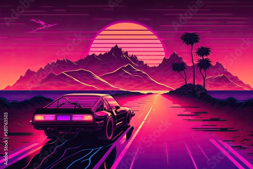 Background illustration Inspired by synthwave, retrowave, and the 80s scene. Generative AI