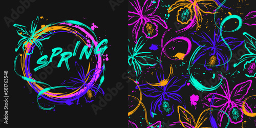 Set of seamless pattern, circle label with orchids, paint brush strokes, spattered paint of neon bright colors. Virtual surreal nature Grunge style for sports goods, prints, clothing, t shirt design