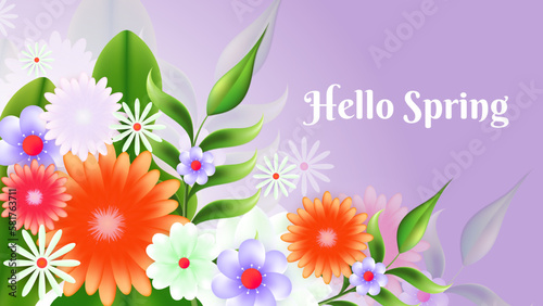 Fototapeta Naklejka Na Ścianę i Meble -  Gradient soft purple spring floral background vector design with flowers in flat style