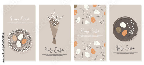 Set of vertical banners for social networks for Holy Easter in rustic style with Easter eggs, bouquet with willow branches. Vector template