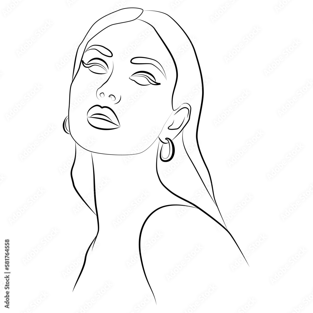 Portrait. A woman's face in an artistic style with one line. Continuous portrait online. A continuous line of artistic female face. Elegant minimalistic portrait for prints, tattoos, posters Portrait. A woman's face in an artistic style with one line. Continuous portrait online. A continuous line of artistic female face. Elegant minimalistic portrait for prints, tattoos, posters