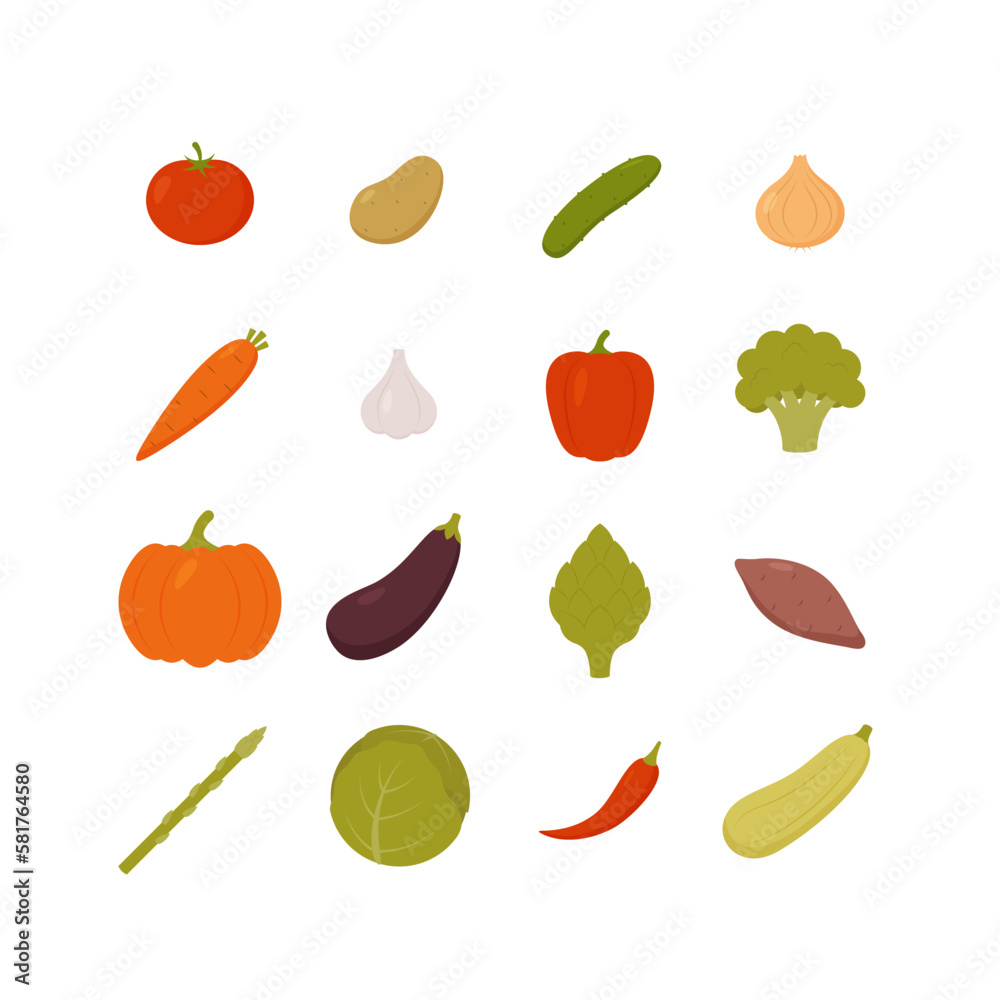 Set of vegetables. Fresh organic vegetables isolated on white background. Vector illustration. Set of vegetables. Fresh organic vegetables isolated on white background. Vector illustration.