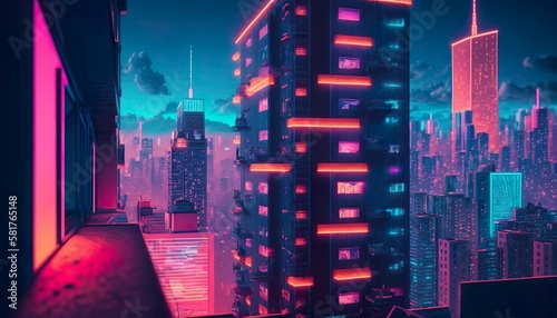 A neon cityscape with glowing windows and a pulsing neon sign on a skyscraper  Generative AI