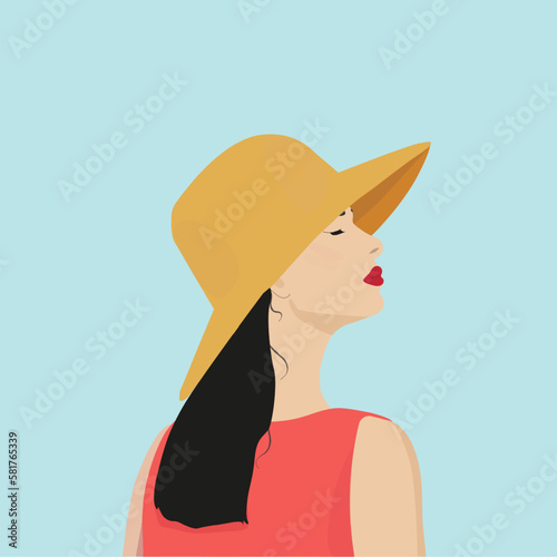 Young woman with black hair in the hat with a wide brim covering her face. Vector illustration.