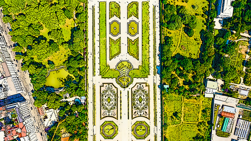 Color sketch in cartoon style. Vienna, Austria. Belvedere is a baroque palace complex in Vienna. Built by Lucas von Hildebrandt at the beginning of the 18th century, Aerial View photo
