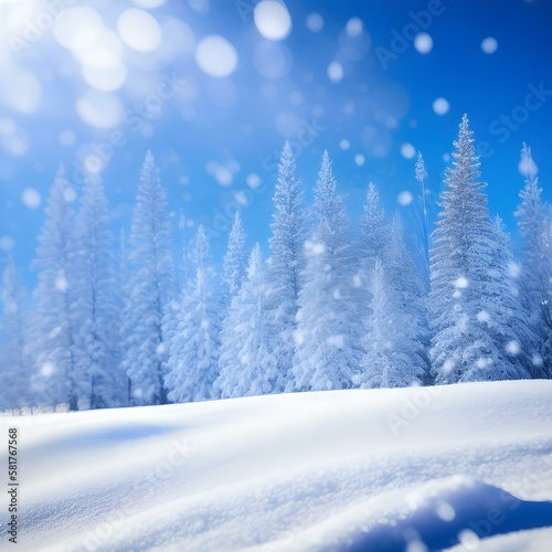 crystal clear snow surface, snowdrifts, snow in the air, bokeh effect, winter forest background, pine trees, fantasy, generated in AI © Andrei
