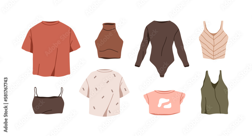Casual female clothes for upper body. Tops, tshirts, bodysuits, women summer wearings collection. Modern fashion girls apparels set. Flat graphic vector illustrations isolated on white background