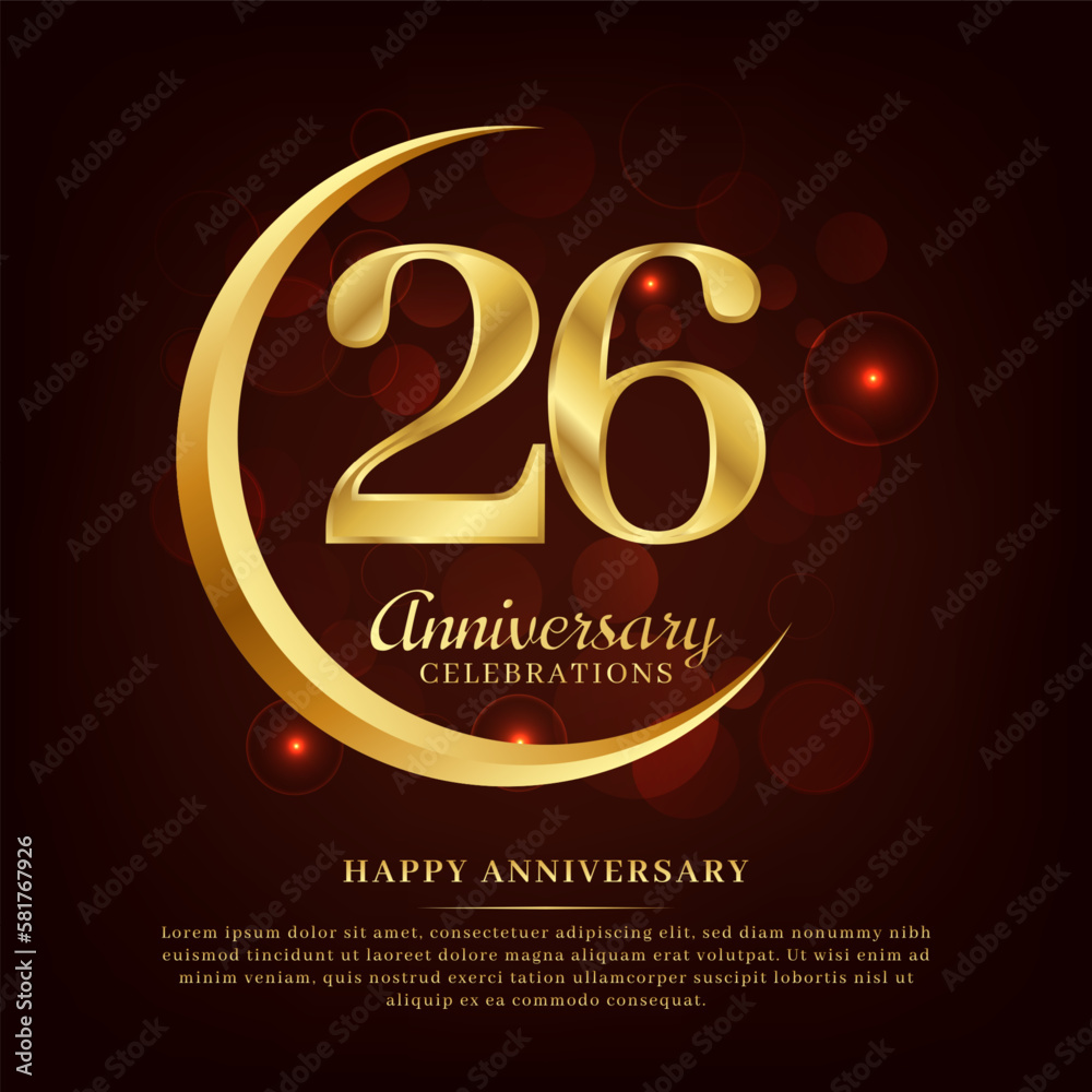 26 years anniversary with golden moon and red shiny background added with text for congratulations words