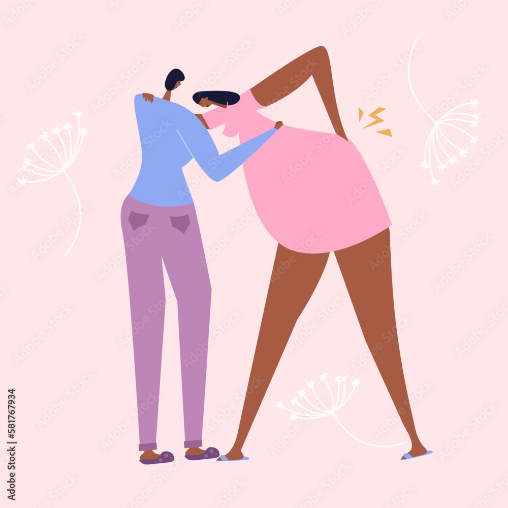 The African American pregnant woman give birth baby and stand in best