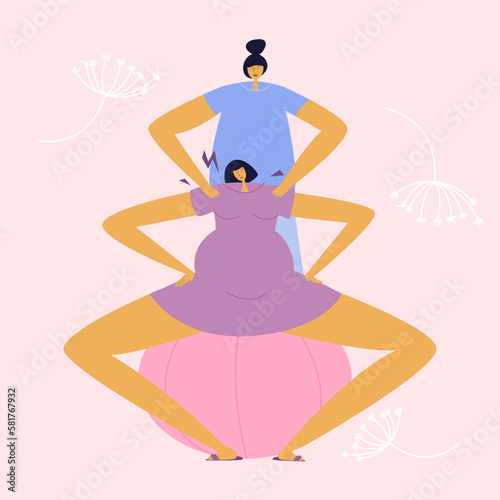 The pregnant woman give birth baby and doula assist helping. Female has got discomfort, back pain, paine belly and she sitting on ball. The midwife do massage and support.
