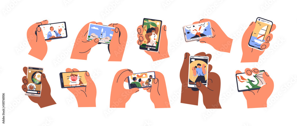Watching videos online on mobile phone screen. Hand holding smartphone with movies, news media, social network story, series, podcast set. Flat graphic vector illustration isolated on white background - obrazy, fototapety, plakaty 