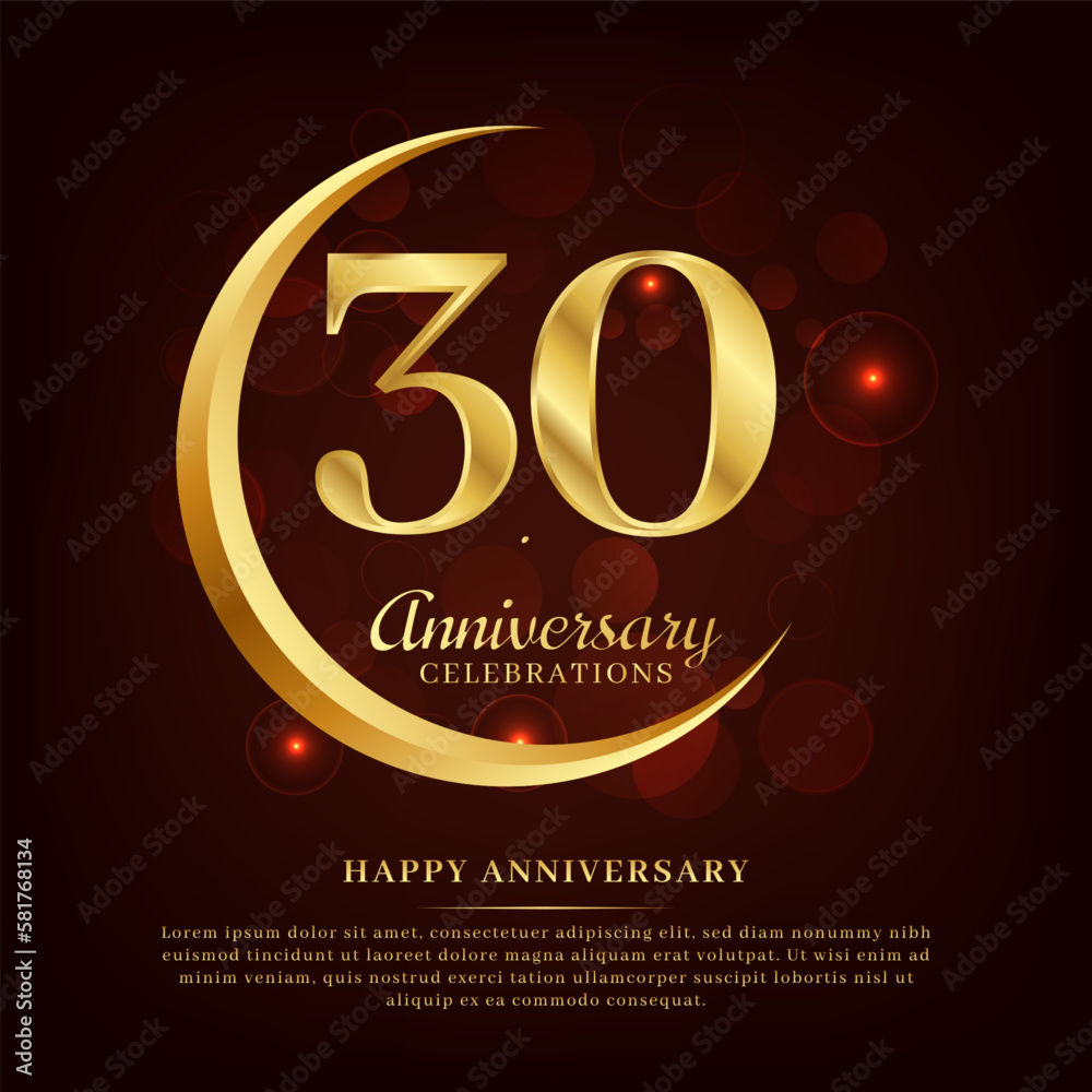 30 years anniversary with golden moon and red shiny background added with text for congratulations words