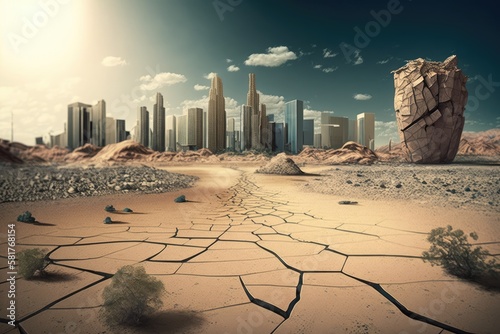 Fotografija modern city with tall buildings and skyscrapers in the background, while in the foreground, a cracked and arid landscape depicts a global drought