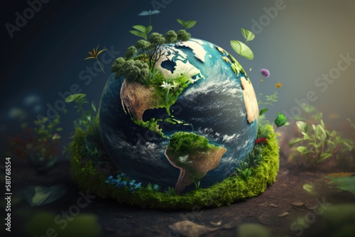 The celebration of Earth Day is a composite representation of the concept of global climate change or of eco friendly habitat protection as plants fashioned like the planet on rich organic soil