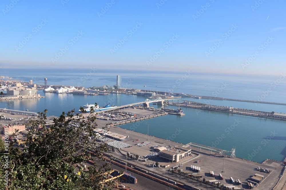 A view at the port from Montjuic Hill in Barcelona, Spain