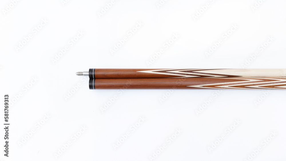 Billiard cues on a white background. Parts of a billiard cue close-up. Live photos of a billiard cue Billiard cues on a white background. Parts of a billiard cue close-up. Live photos of a billiard cue