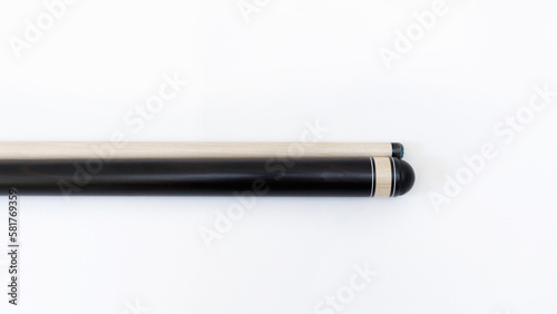 Billiard cues on a white background. Parts of a billiard cue close-up. Live photos of a billiard cue